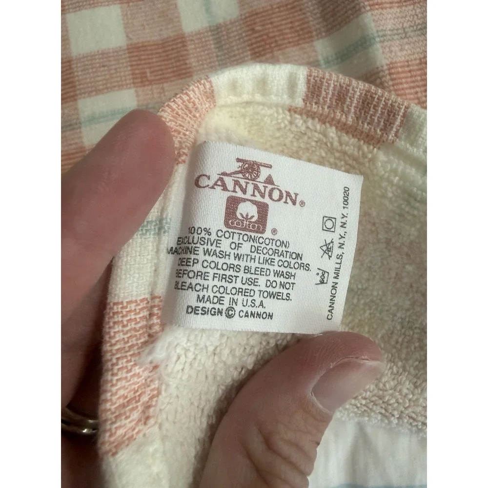 Vintage Cannon 2 Dish Towels Salmon Pink Blue Plaid Stripe 16x26